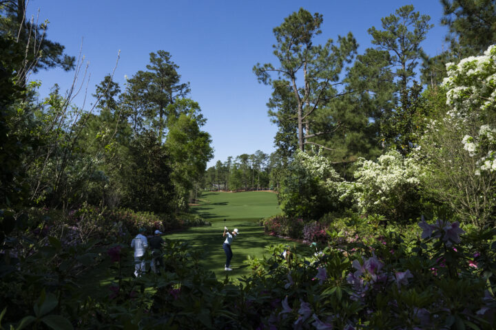 Ludvig Aberg of Sweden plays a stroke from the No. 13 tee during practice round 2 prior to the Masters at Augusta National Golf Club, Tuesday, April 08, 2025. (Photo by Augusta National/Augusta National/Getty Images)
