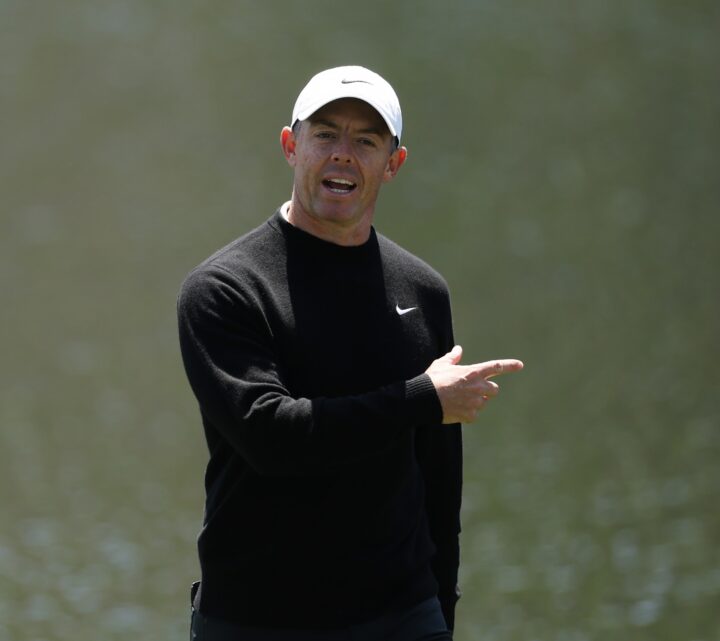 AUGUSTA, GEORGIA - APRIL 08: (L-R) Amateur Noah Kent of the United States and Rory McIlroy of Northern Ireland walk on the 16th hole during a practice round prior to the 2025 Masters Tournament at Augusta National Golf Club on April 08, 2025 in Augusta, Georgia. (Photo by Richard Heathcote/Getty Images)