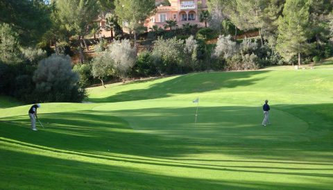 Das 15. Grün ist eingerahmt von Bäumen und Bauten, ein Bild, das die Golfer über nahezu jede Bahn begleitet.