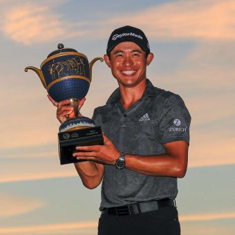 BRADENTON, FLORIDA - FEBRUARY 28: Collin Morikawa of the United States celebrates with the Gene Sarazen Cup during the trophy ceremony after winning the final round of World Golf Championships-Workday Championship at The Concession on February 28, 2021 in Bradenton, Florida. (Photo by Sam Greenwood/Getty Images)
