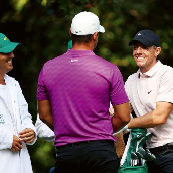 AUGUSTA, GEORGIA - NOVEMBER 15: Brooks Koepka of the United States talks with Rory McIlroy of Northern Ireland on the seventh tee during the final round of the Masters at Augusta National Golf Club on November 15, 2020 in Augusta, Georgia. (Photo by Patrick Smith/Getty Images)