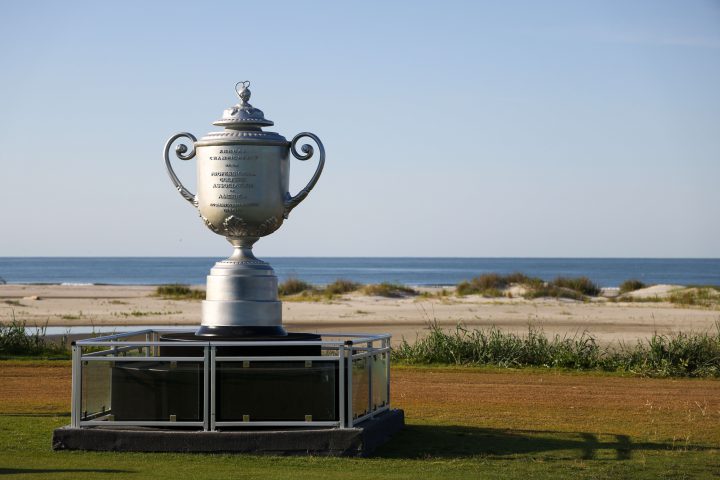 KIAWAH ISLAND, SOUTH CAROLINA - MAY 17: A large likeness of the Wanamaker Trophy is displayed during a practice round prior to the 2021 PGA Championship at Kiawah Island Resort's Ocean Course on May 17, 2021 in Kiawah Island, South Carolina. (Photo by Patrick Smith/Getty Images)