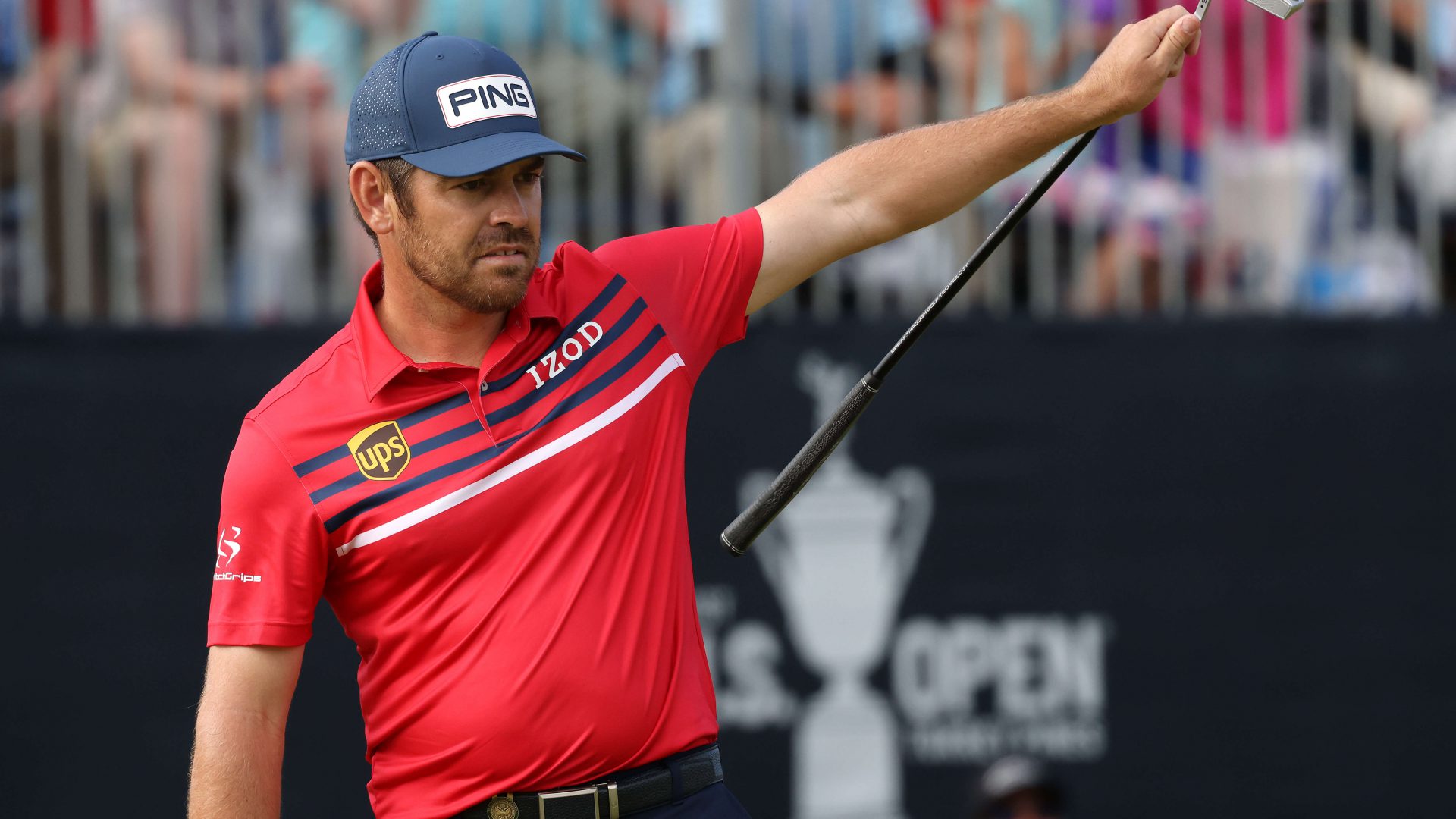 SAN DIEGO, CALIFORNIA - JUNE 19: Louis Oosthuizen of South Africa celebrates making a long putt for eagle on the 18th green during the third round of the 2021 U.S. Open at Torrey Pines Golf Course (South Course) on June 19, 2021 in San Diego, California. (Photo by Harry How/Getty Images)