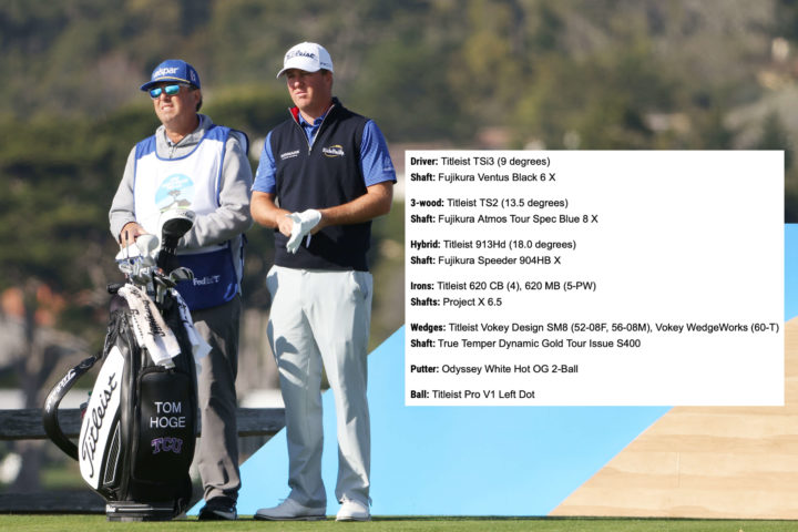 PEBBLE BEACH, CALIFORNIA - FEBRUARY 03: Tom Hoge of the United States talks with his caddie during the first round of the AT&T Pebble Beach Pro-Am at Pebble Beach Golf Links on February 03, 2022 in Pebble Beach, California. (Photo by Jamie Squire/Getty Images)