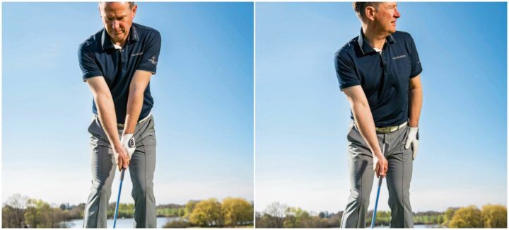 Links: Für mehr Kontrolle im Treffmoment sollten das Körpergewicht mehr auf dem linken Fuß und die Ballposition mehr am linken Fuß sein. Rechts: Rechte Hand am Griff, Blick zum Ziel, Schultern und Brustbein leicht vorm Ball – die perfekte Ausgangsposition für einen guten Ballkontakt.