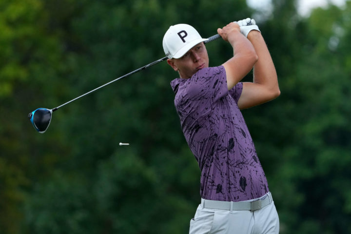 COLUMBUS, OHIO - AUGUST 25: Matti Schmid of Germany plays his shot from the second tee during the first round of the Nationwide Children's Hospital Championship at OSU GC - Scarlet Course on August 25, 2022 in Columbus, Ohio. tour news (Photo by Dylan Buell/Getty Images)