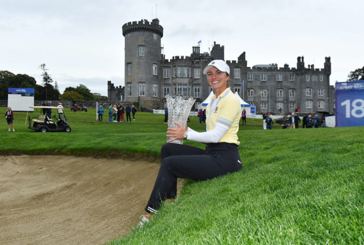 25/09/2022. Ladies European Tour 2022. KPMG Women's Irish Open, Dromoland Castle, Ireland. September 22-25 2022. Klara Spilkova of the Czech Republic celebrates as she wins the KPMG Women's Irish Open after a play off.. tour news Credit: Mark Runnacles/LET