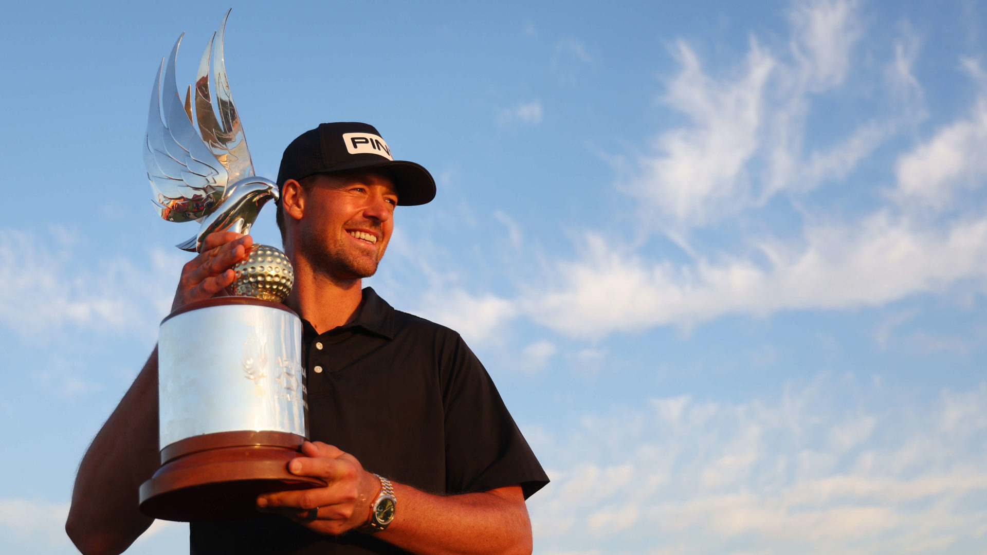 ABU DHABI, UNITED ARAB EMIRATES - JANUARY 22: Victor Perez of France poses for a photo with the trophy after winning the final round of the Abu Dhabi HSBC Championship at Yas Links Golf Course on January 22, 2023 in Abu Dhabi, United Arab Emirates. (Photo by Andrew Redington/Getty Images) tour news