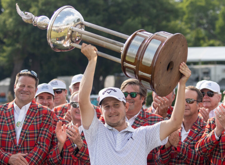 FT. WORTH, TX - MAY 28: Emiliano Grillo of Argentina celebrates with the Leonard Trophy on the 18th hole during the Final Round of the Charles Schwab Challenge at Colonial Country Club on May 28, 2023 in Ft. Worth, Texas. (Photo by Eston Parker/ISI Photos/Getty Images). tour news