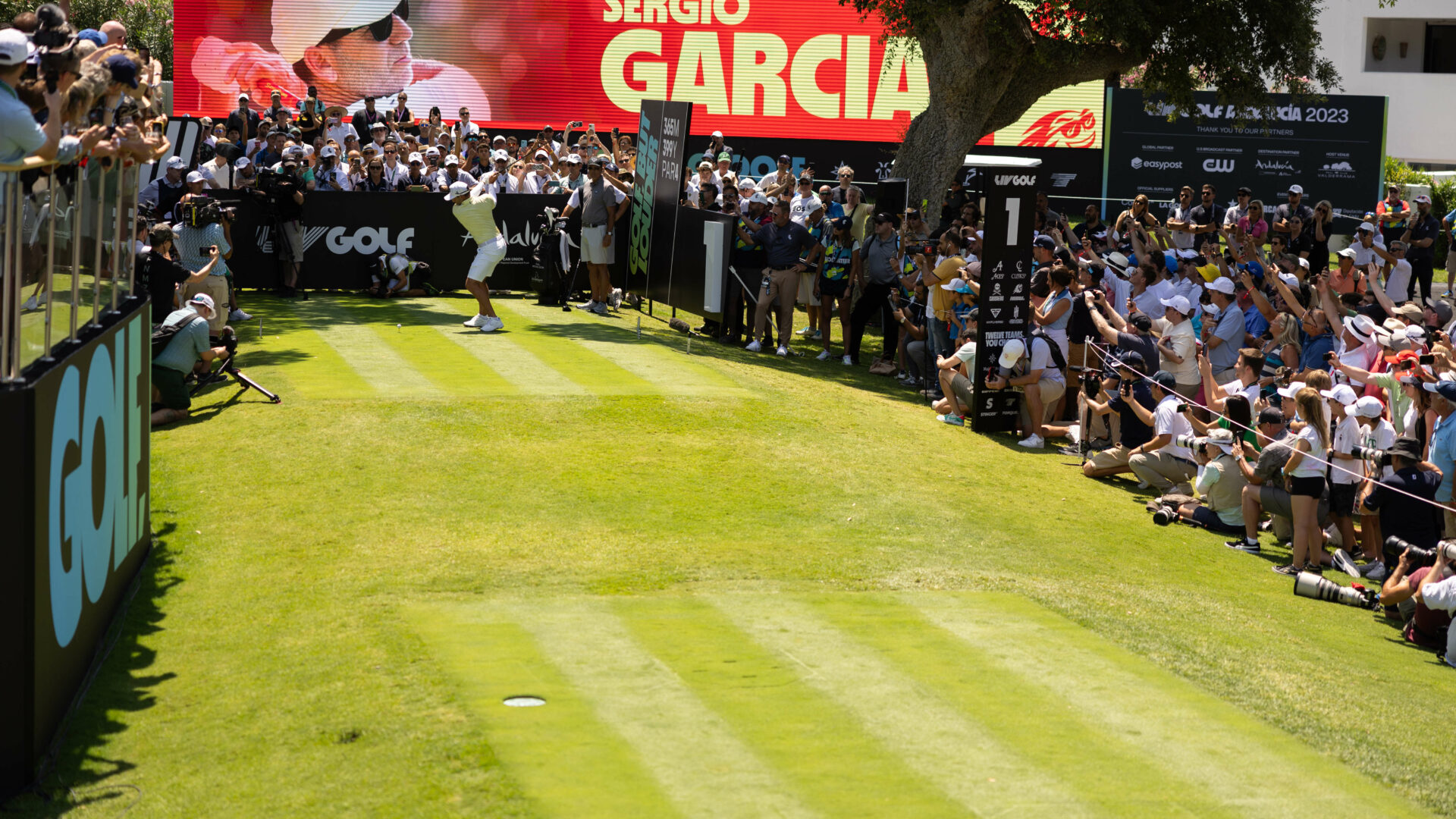 Captain Sergio Garcia of Fireballs GC hits his shot from the first tee during the first round of LIV Golf Andalucía at the Real Club Valderrama on Friday, June 30, 2023 in San Roque, Spain. (Photo by Scott Taetsch/LIV Golf)