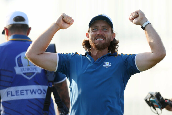 ROME, ITALY - OCTOBER 01: Tommy Fleetwood of Team Europe celebrates after playing from the 17th tee during the Sunday singles matches of the 2023 Ryder Cup at Marco Simone Golf Club on October 01, 2023 in Rome, Italy. (Photo by Andrew Redington/Getty Images)