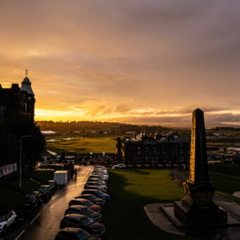 ST ANDREWS, SCOTLAND - OCTOBER 8: An aerial view across the course during rainfall, ahead of Round Three, during Day Four of the Alfred Dunhill Links Championship at the Old Course St. Andrews on October 08, 2023 in St Andrews, Scotland. (Photo by Octavio Passos/Getty Images)