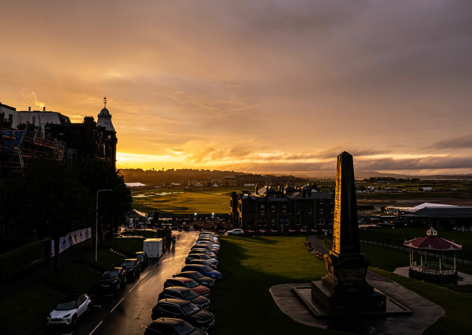 ST ANDREWS, SCOTLAND - OCTOBER 8: An aerial view across the course during rainfall, ahead of Round Three, during Day Four of the Alfred Dunhill Links Championship at the Old Course St. Andrews on October 08, 2023 in St Andrews, Scotland. (Photo by Octavio Passos/Getty Images)