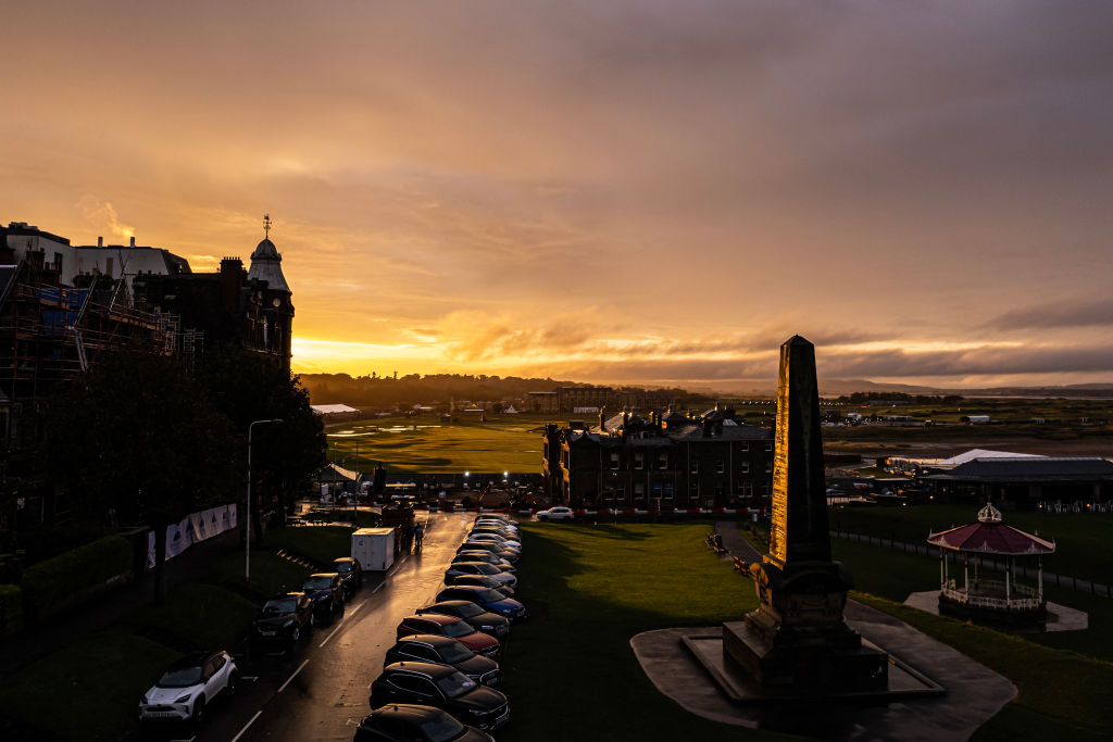 ST ANDREWS, SCOTLAND - OCTOBER 8: An aerial view across the course during rainfall, ahead of Round Three, during Day Four of the Alfred Dunhill Links Championship at the Old Course St. Andrews on October 08, 2023 in St Andrews, Scotland. (Photo by Octavio Passos/Getty Images)