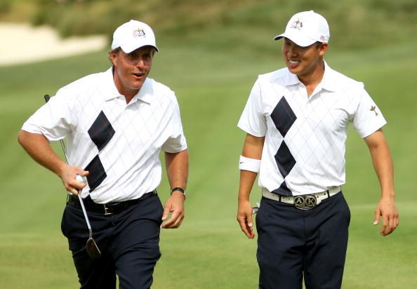 LOUISVILLE, KY - SEPTEMBER 19: Phil Mickelson and Anthony Kim of the USA team walk to the ninth green during the afternoon four-ball matches on day one of the 2008 Ryder Cup at Valhalla Golf Club on September 19, 2008 in Louisville, Kentucky. (Photo by Ross Kinnaird/Getty Images)