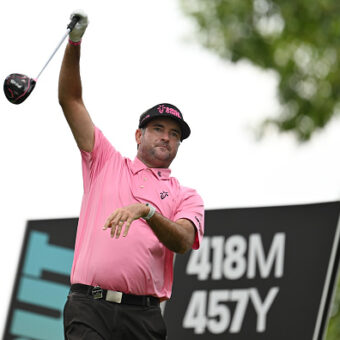 SUGAR GROVE, ILLINOIS - SEPTEMBER 22: Bubba Watson plays his shot from the third tee during day one of the LIV Golf Invitational - Chicago at Rich Harvest Farms on September 22, 2023 in Sugar Grove, Illinois. (Photo by Quinn Harris/Getty Images)