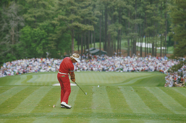 AUGUSTA, UNITED STATES - APRIL 14: Bernhard Langer of Germany plays his tee shot on the par 3, sixth hole on his way to winning the 1985 Masters Tournament at Augusta National Golf Club on April 14, 1985 in Augusta, United States. (Photo by David Cannon/Getty Images)