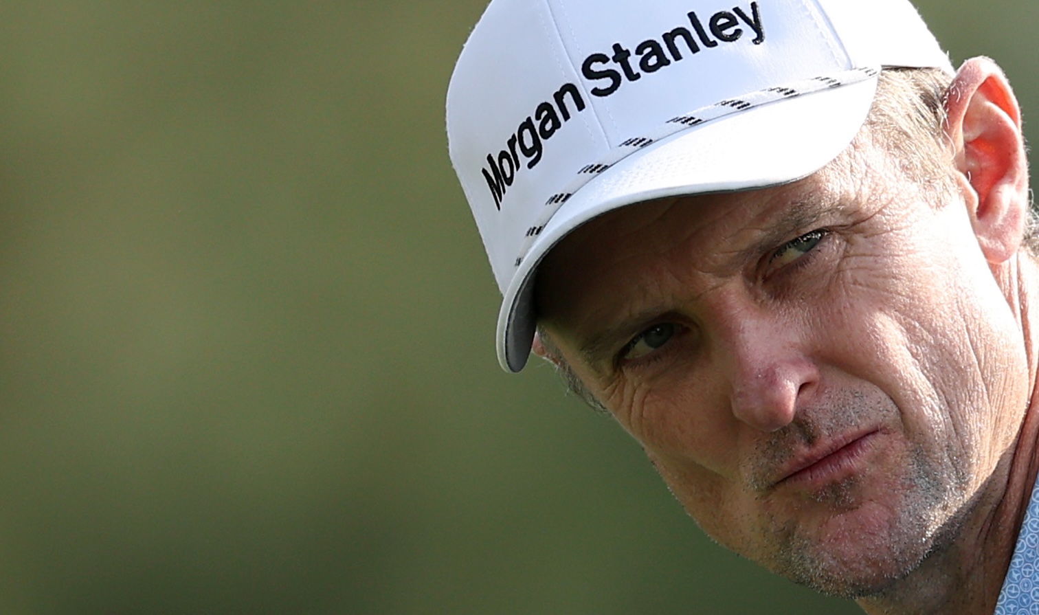 AUGUSTA, GEORGIA - APRIL 10: Justin Rose of England looks on from the 18th tee during the first round of the 2025 Masters Tournament at Augusta National Golf Club on April 10, 2025 in Augusta, Georgia. (Photo by Richard Heathcote/Getty Images)