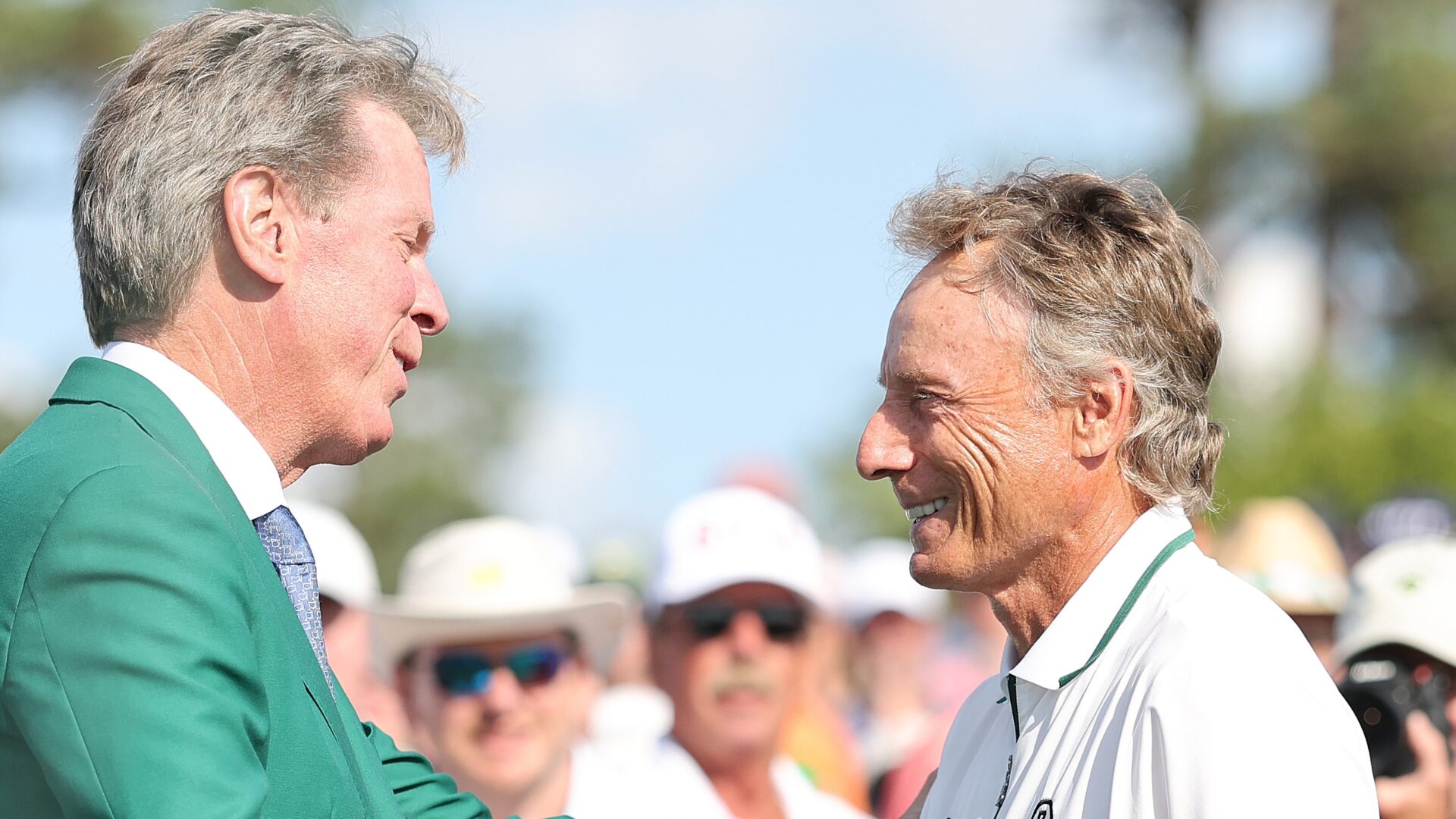AUGUSTA, GEORGIA - APRIL 11: (L-R) Augusta National Chairman Fred Ridley shakes hands with Bernhard Langer of Germany after the 18th hole during the second round of the 2025 Masters Tournament at Augusta National Golf Club on April 11, 2025 in Augusta, Georgia. (Photo by Michael Reaves/Getty Images)