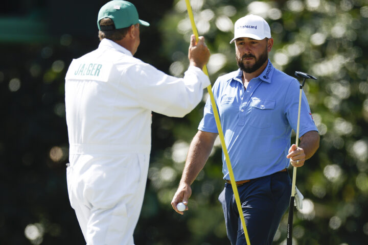 AUGUSTA, GEORGIA - APRIL 12: Stephan Jaeger of Germany reacts on the fifth green during the third round of the 2025 Masters Tournament at Augusta National Golf Club on April 12, 2025 in Augusta, Georgia. (Photo by Harry How/Getty Images)
