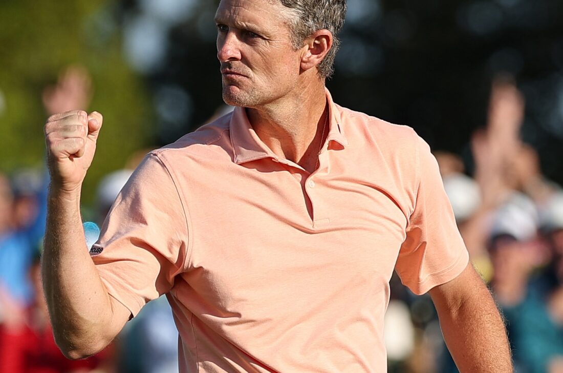 AUGUSTA, GEORGIA - APRIL 13: Justin Rose of England reacts after putting for birdie on the 18th hole during the final round of the 2025 Masters Tournament at Augusta National Golf Club on April 13, 2025 in Augusta, Georgia. (Photo by Richard Heathcote/Getty Images)