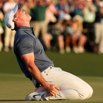AUGUSTA, GEORGIA - APRIL 13: Rory McIlroy of Northern Ireland celebrates winning the 2025 Masters Tournament after the first playoff hole at Augusta National Golf Club on April 13, 2025 in Augusta, Georgia. (Photo by Richard Heathcote/Getty Images)