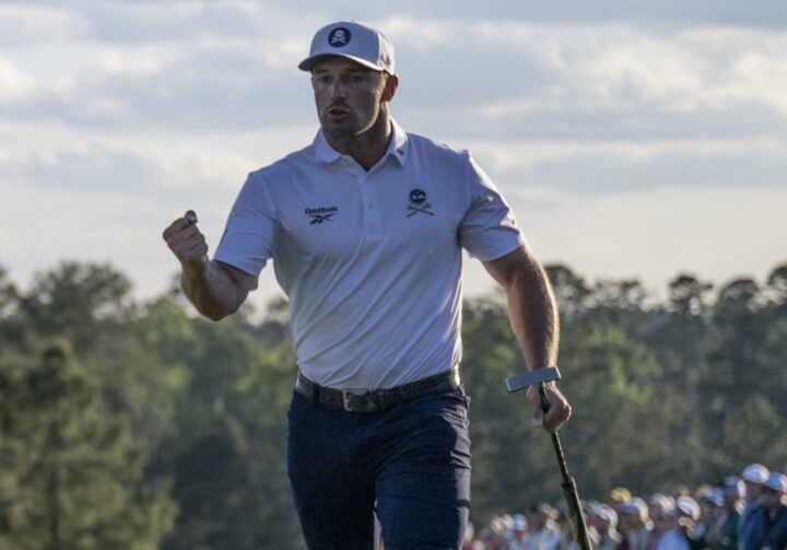 Bryson DeCHAMBEAU (USA) celebrates birdie putt at 18th par 4 during third round US Masters 2025, Augusta National, Augusta, Georgia,USA. © MATTHEW HARRIS Golf Collection Credit: Matthew Harris / Golf Picture Agency