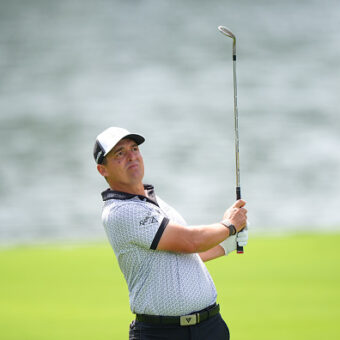 CHARLOTTE, NC - MAY 15: Justin Lower hits his third shot on the 15th hole during the first round of the PGA Championship at Quail Hollow Club on Thursday, May 15, 2025 in Charlotte, North Carolina. (Photo by Darren Carroll/PGA of America via Getty Images)