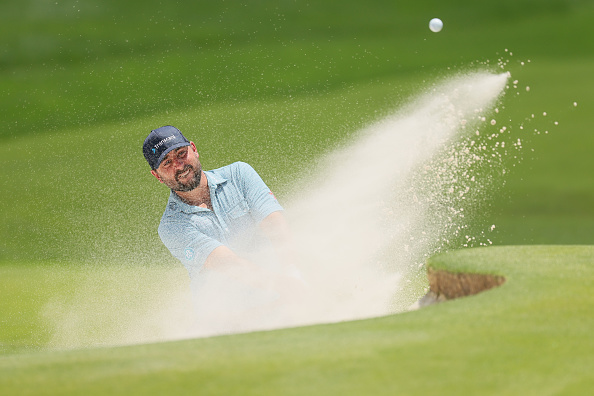CHARLOTTE, NORTH CAROLINA - MAY 15: Stephan Jaeger of Germany plays a shot from the bunker on the 18th hole during the first round of the PGA Championship at Quail Hollow Country Club on May 15, 2025 in Charlotte, North Carolina. (Photo by Alex Slitz/Getty Images)