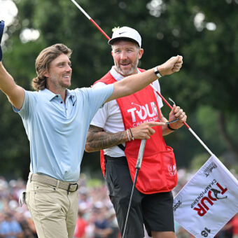 ATLANTA, GEORGIA - AUGUST 24: Tommy Fleetwood of England reacts to making the winning putt, on the 18th green, during the final round of TOUR Championship at East Lake Golf Club on August 24, 2025 in Atlanta, Georgia. (Photo by Ben Jared/PGA TOUR via Getty Images)