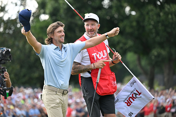ATLANTA, GEORGIA - AUGUST 24: Tommy Fleetwood of England reacts to making the winning putt, on the 18th green, during the final round of TOUR Championship at East Lake Golf Club on August 24, 2025 in Atlanta, Georgia. (Photo by Ben Jared/PGA TOUR via Getty Images)