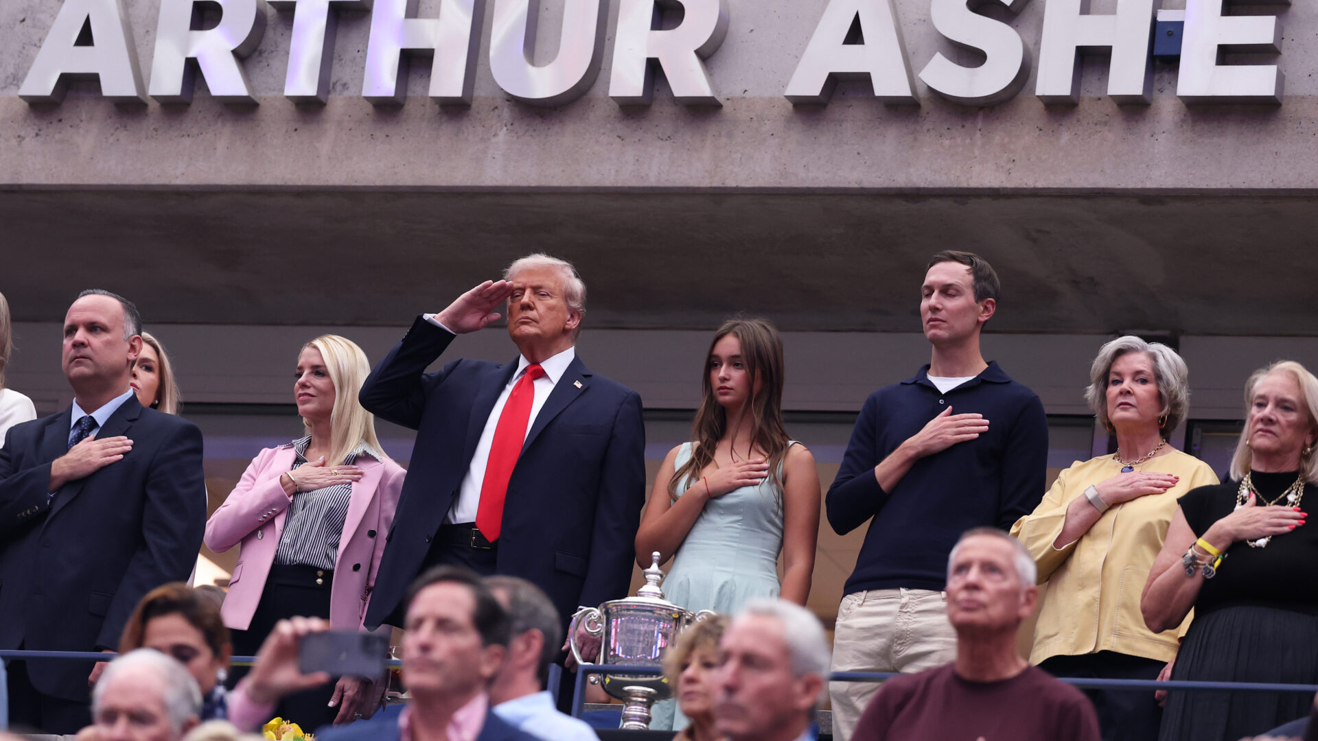 NEW YORK, NEW YORK - SEPTEMBER 07: U.S. President Donald Trump during the national anthem prior to the Men's Singles Final match between Jannik Sinner of Italy and Carlos Alcaraz of Spain on Day Fifteen of the 2025 US Open at USTA Billie Jean King National Tennis Center on September 07, 2025 in New York City. (Photo by Clive Brunskill/Getty Images)