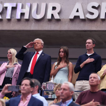 NEW YORK, NEW YORK - SEPTEMBER 07: U.S. President Donald Trump during the national anthem prior to the Men's Singles Final match between Jannik Sinner of Italy and Carlos Alcaraz of Spain on Day Fifteen of the 2025 US Open at USTA Billie Jean King National Tennis Center on September 07, 2025 in New York City. (Photo by Clive Brunskill/Getty Images)
