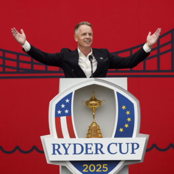 FARMINGDALE, NEW YORK - SEPTEMBER 24: Captain Luke Donald of Team Europe speaks to the crowd during the opening ceremony for the 2025 Ryder Cup at Black Course at Bethpage State Park Golf Course on September 24, 2025 in Farmingdale, New York. (Photo by Harry How/Getty Images)