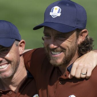 Tommy FLEETWOOD (ENG) and Rory MCILROY (IRE) during Day Two Morning Foursomes session Ryder Cup Matches 2025,Bethpage Black,Farmington,NY, USA. © Matthew Harris Golf Collection Credit: Matthew Harris / Golf Picture Agency