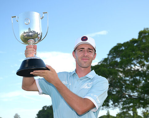 BRISBANE, AUSTRALIA - NOVEMBER 30: David Puig of Spain holds up the Joe Kirkwood Cup after victory on day four of the BMW Australian PGA Championship 2025 at Royal Queensland Golf Club on November 30, 2025 in Brisbane, Australia. (Photo by Bradley Kanaris/Getty Images)
