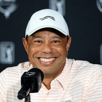 NASSAU, BAHAMAS - DECEMBER 02: Tiger Woods of the United States speaks to the media during his media conference prior to the Hero World Challenge 2025 at Albany Golf Course on December 02, 2025 in Nassau, Bahamas. (Photo by David Cannon/Getty Images)