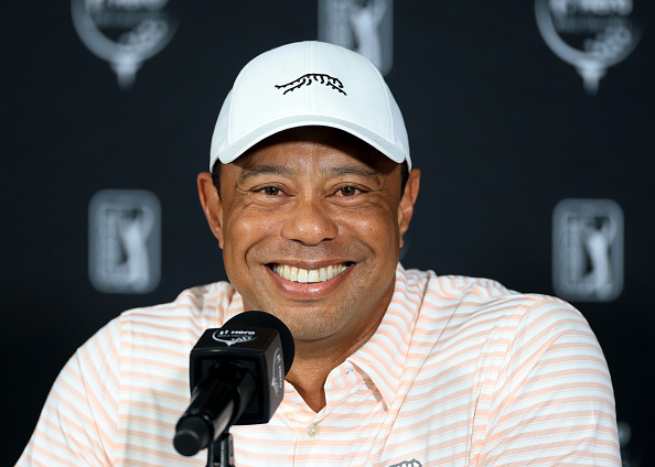 NASSAU, BAHAMAS - DECEMBER 02: Tiger Woods of the United States speaks to the media during his media conference prior to the Hero World Challenge 2025 at Albany Golf Course on December 02, 2025 in Nassau, Bahamas. (Photo by David Cannon/Getty Images)