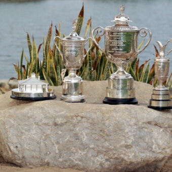 ABU DHABI, UNITED ARAB EMIRATES - JANUARY 20: A unique collection of trophies The golfing world's four Major trophies left to right - The Masters, The US Open, The US PGA and Open Championship Trophies during the first round of the 2011 Abu Dhabi HSBC Golf Championship to be held at the Abu Dhabi Golf Club on January 20, 2011 in Abu Dhabi, United Arab Emirates. (Photo by David Cannon/Getty Images)