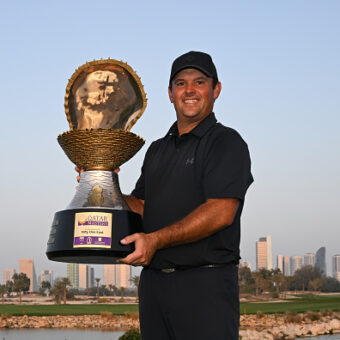 DOHA, QATAR - FEBRUARY 08: Patrick Reed of the United States poses with the trophy following victory on day four of the Qatar Masters 2026 at Doha Golf Club on February 08, 2026 in Doha, Qatar. (Photo by Stuart Franklin/Getty Images)