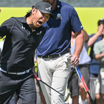 4Aces GC player Anthony Kim from the USA reacts after taking the lead on the final day of the LIV Golf Adelaide tournament at The Grange Golf Club in Adelaide on February 15, 2026. (Photo by Brenton Edwards / AFP via Getty Images) / -- IMAGE RESTRICTED TO EDITORIAL USE - STRICTLY NO COMMERCIAL USE --