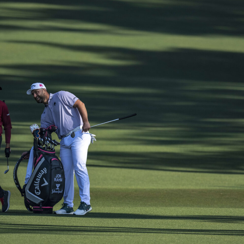 Masters champion Sergio Garcia of Spain and Masters champion Jon Rahm of Spain on the fairway on the No. 2 hole during the final round of the Masters at Augusta National Golf Club, Sunday, April 12, 2026.