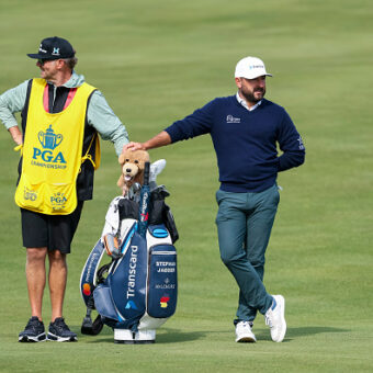 NEWTOWN, PENNSYLVANIA - MAY 14: Stephan Jaeger of Germany looks on from the ninth hole alongside caddie David Clark during the first round of the PGA Championship at Aronimink Golf Club on May 14, 2026 in Newtown, Pennsylvania. (Photo by Michael Reaves/Getty Images)