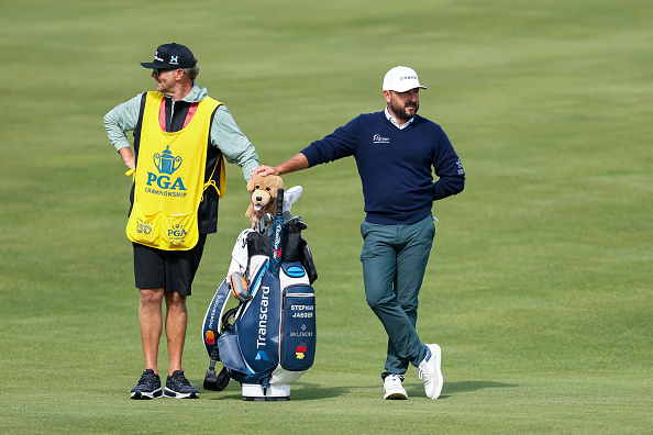 NEWTOWN, PENNSYLVANIA - MAY 14: Stephan Jaeger of Germany looks on from the ninth hole alongside caddie David Clark during the first round of the PGA Championship at Aronimink Golf Club on May 14, 2026 in Newtown, Pennsylvania. (Photo by Michael Reaves/Getty Images)