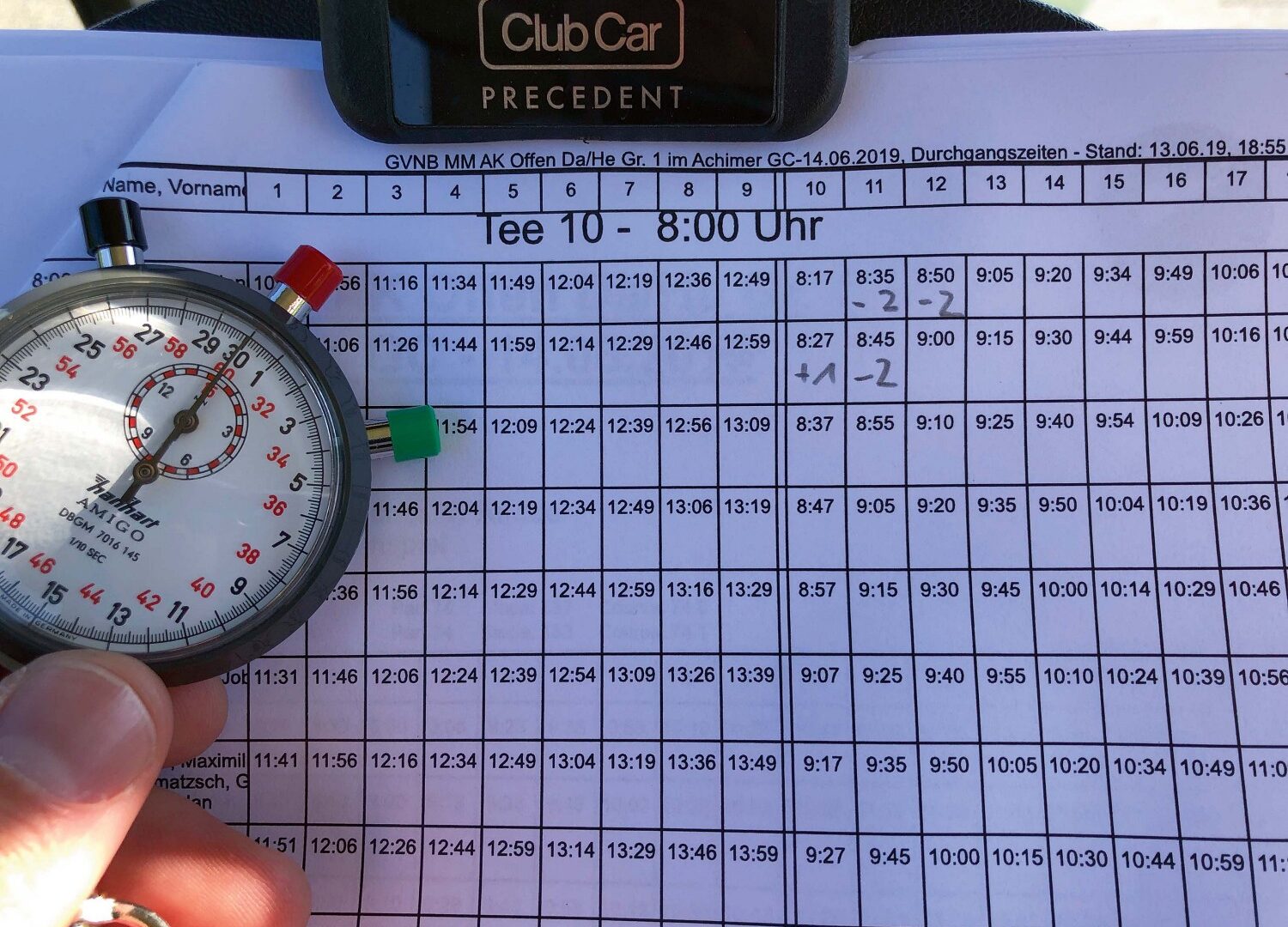 Golf-Scroecard mit Stoppuhr im Vordergrund