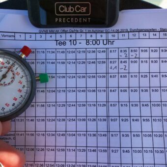 Golf-Scroecard mit Stoppuhr im Vordergrund