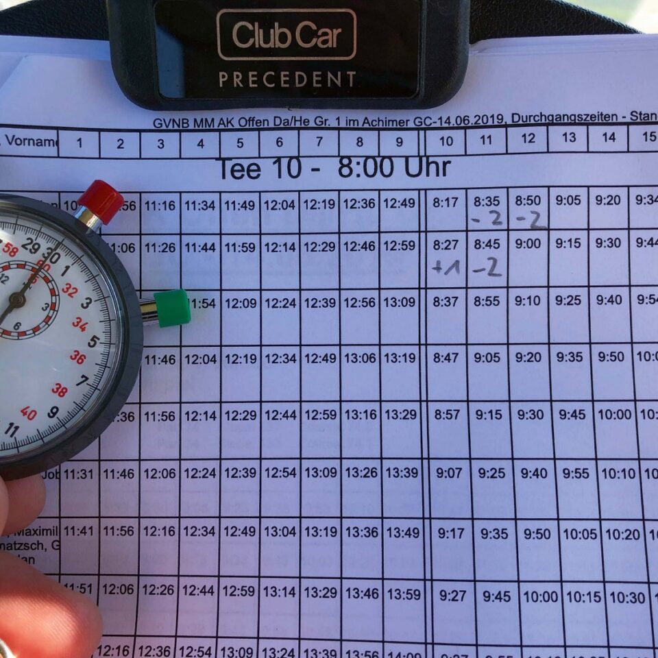 Golf-Scroecard mit Stoppuhr im Vordergrund