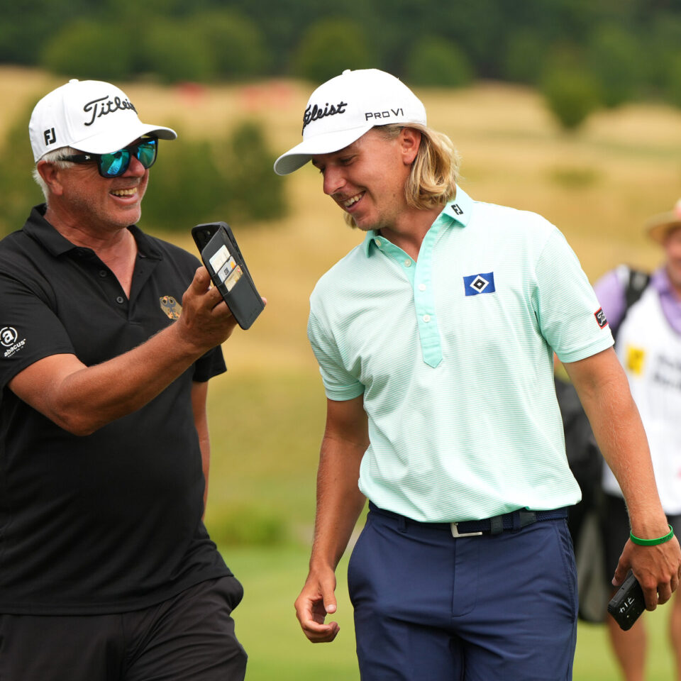 BRNO, CZECH REPUBLIC - JULY 26: Anton Albers of Germany reacts with a team member after winning the Raiffeisenbank Golf Challenge 2026 at Kaskáda Golf Resort on July 26, 2026 in Brno, Czech Republic. (Photo by Alex Bierens de Haan/Getty Images)